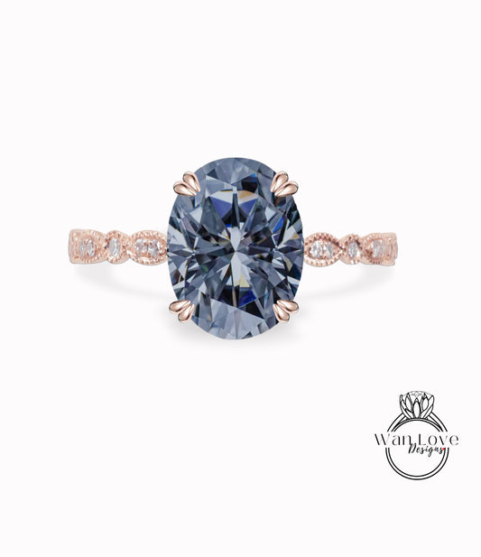 Fedi nuziali di fidanzamento con Moissanite e diamanti vintage grigie, anello nuziale Art deco milgrain in oro rosa 14K 18K ovale con diamante moissanite