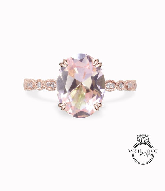 Peach Champagne Sapphire & Diamonds Oval WITH or WITHOUT Milgrain Engagement Wedding Rings, 14kt Solid Rose White Gold, WanLoveDesigns