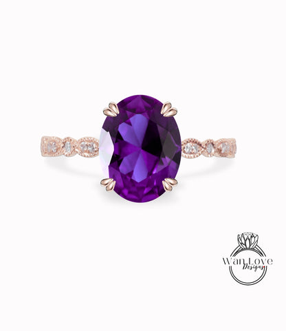 Fedi nuziali di fidanzamento vintage con zaffiro viola e alessandrite Art deco milgrain 14K 18K Anello nuziale in oro rosa ovale con diamante moissanite