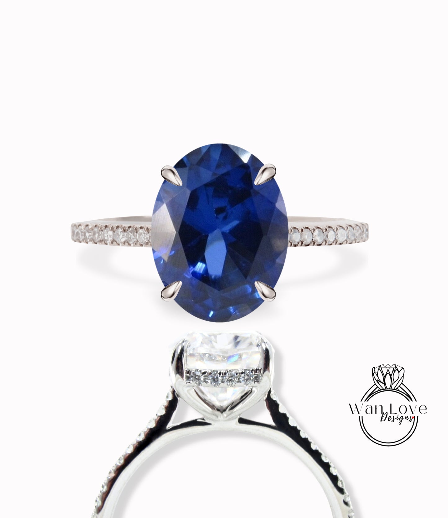 Anello di fidanzamento con zaffiro blu e diamante ovale laterale Halo, anello di celebrità a metà strada per l'eternità, personalizzato-14k oro 18k-platino, WanLoveDesigns