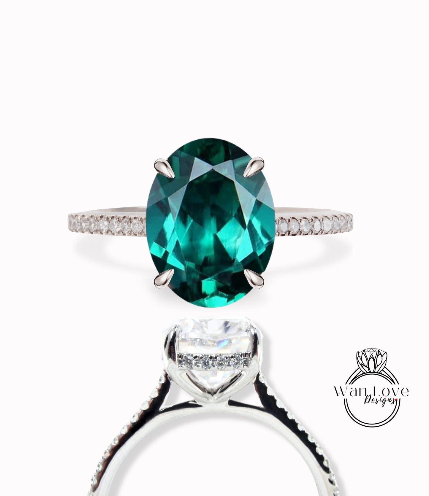 Emerald & Diamond Oval Side Halo Engagement Ring, Halfway Half Eternity Celebrity Ring, Custom-Wedding-14k 18k gold-Platinum, WanLoveDesigns