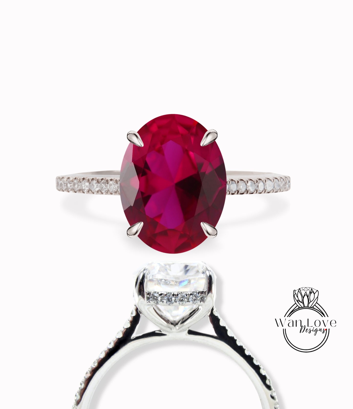 Ruby & Diamond Oval Side Halo Engagement Ring, 14k 18k White Yellow Rose Gold-Platinum-Custom made-Wedding-Anniversary-Promise Basket