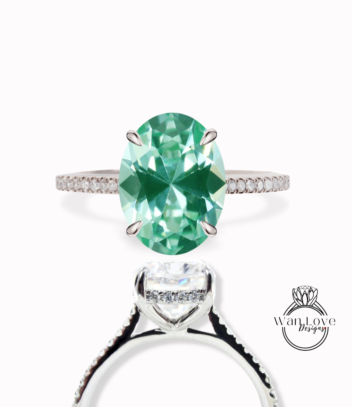 Anello di fidanzamento ovale con spinello e diamante verde acqua, personalizzato, oro 18kt, platino, matrimonio, regalo, WanLoveDesigns