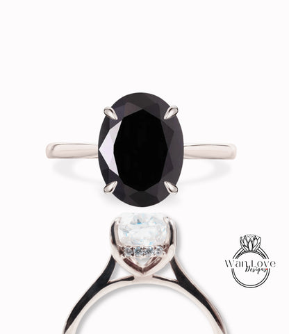 Anello di fidanzamento con fascia semplice ovale con spinello nero e diamante laterale, 14k 18k bianco giallo oro rosa, platino, personalizzato, matrimonio, WanLoveDesigns