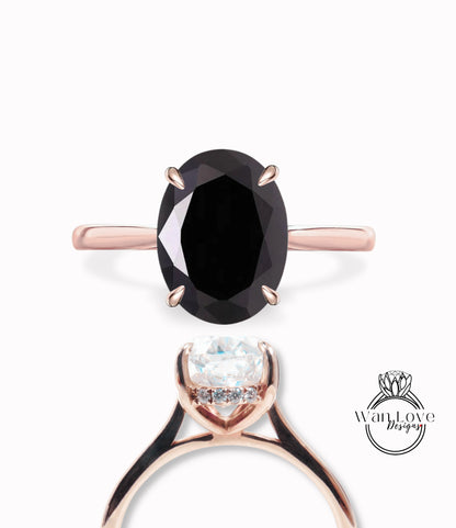 Anello di fidanzamento con fascia semplice ovale con spinello nero e diamante laterale, 14k 18k bianco giallo oro rosa, platino, personalizzato, matrimonio, WanLoveDesigns