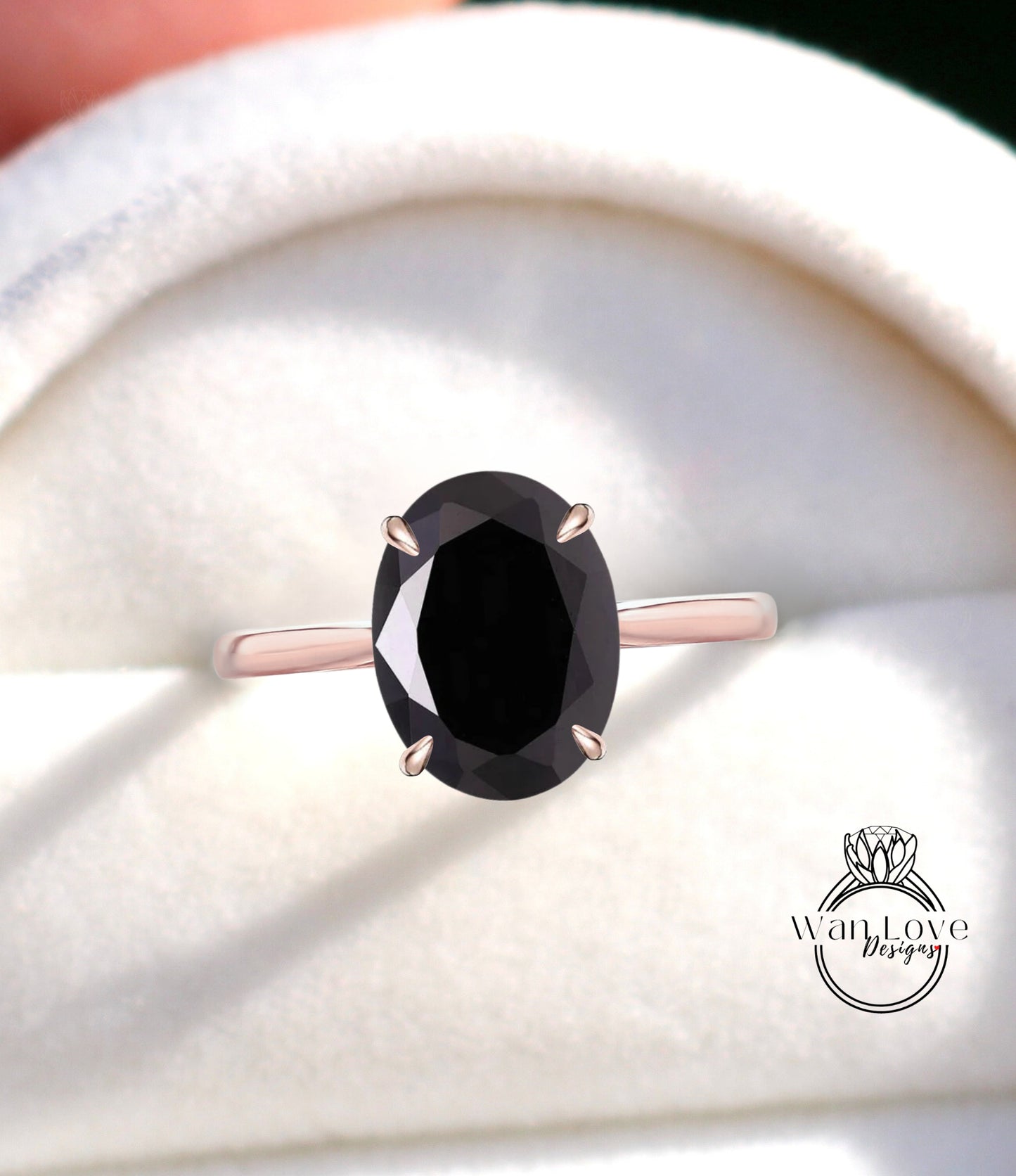 Anello di fidanzamento con fascia semplice ovale con spinello nero e diamante laterale, 14k 18k bianco giallo oro rosa, platino, personalizzato, matrimonio, WanLoveDesigns