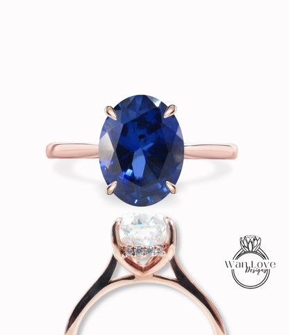 Anello di fidanzamento con fascia semplice con zaffiro blu e diamante ovale laterale, 14k 18k bianco giallo oro rosa, platino, personalizzato, matrimonio, WanLoveDesigns