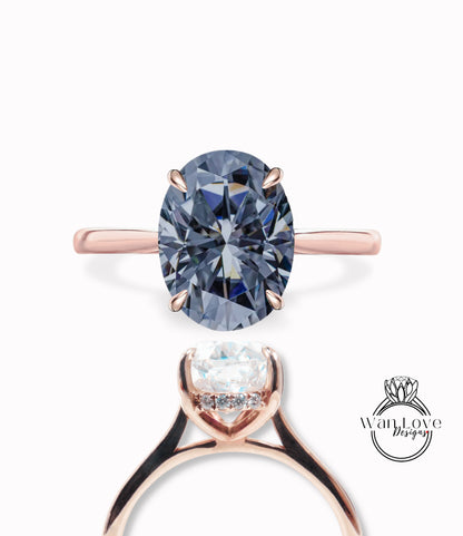 Anello di fidanzamento ovale grigio Moissanite Anello di diamanti Halo laterale in oro rosa antico Anello di nozze affusolato Art Déco Anello di promessa di anniversario