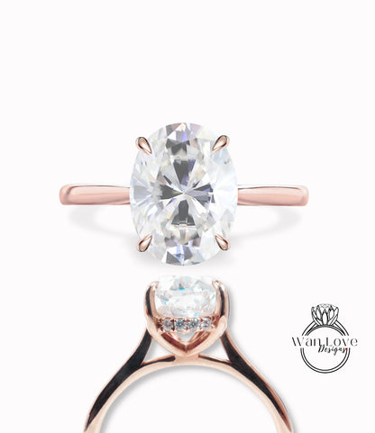 Anello di fidanzamento Moissanite con taglio ovale Anello di diamanti Halo laterale in oro rosa antico Anello di nozze affusolato Art Déco Anello di promessa di anniversario