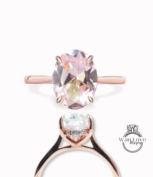 Anello di fidanzamento ovale con zaffiro pesca Anello di diamanti Halo laterale in oro rosa antico Anello di promessa di anniversario di matrimonio delicato affusolato Art Déco