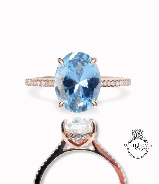 Aquamarine Blue Spinel & Diamond Oval Side Halo Engagement Ring, Halfway Half Eternity Celebrity Ring, Custom-Wedding-14k 18k gold-Platinum