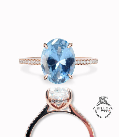 Blue Spinel & Diamond Oval Side Halo Engagement Ring, Celebrity, Custom,14k 18k White Yellow Rose gold-Platinum-Wedding