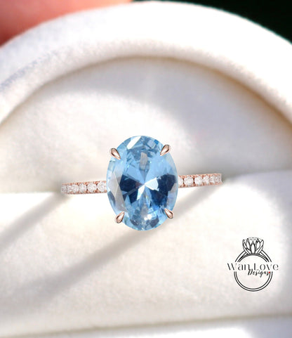 Anello di fidanzamento con alone laterale ovale con spinello blu acquamarina e diamante, anello di celebrità a metà strada per l'eternità, matrimonio personalizzato-14k oro 18k-platino