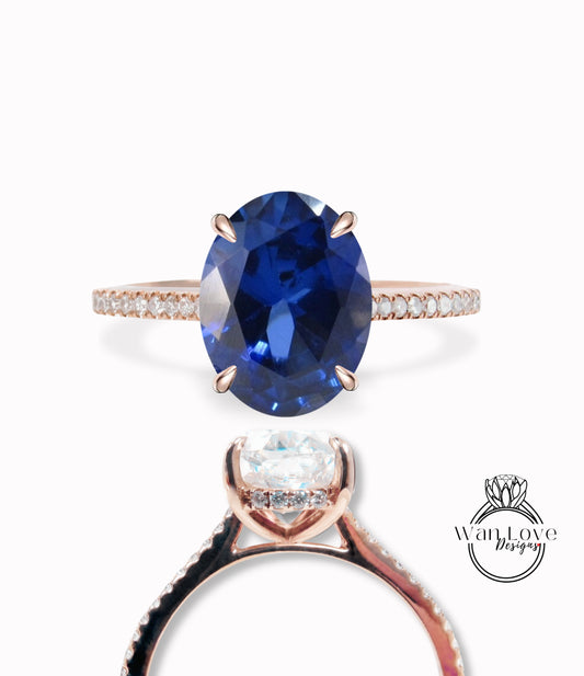 Anello di fidanzamento con zaffiro blu e diamante ovale laterale Halo, anello di celebrità a metà strada per l'eternità, personalizzato-14k oro 18k-platino, WanLoveDesigns