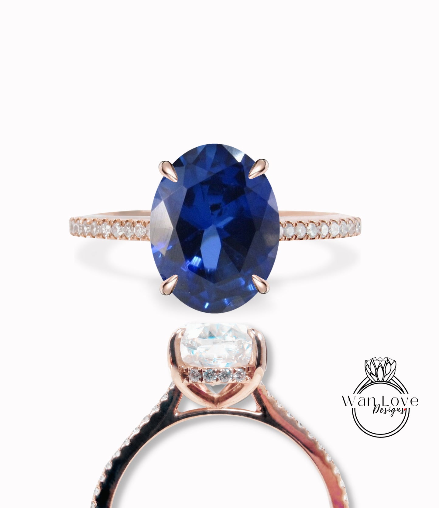 Anello di fidanzamento con zaffiro blu unico Anello vintage con diamante a taglio ovale laterale con alone in oro bianco, pietra portafortuna nuziale, anello di promessa per l'anniversario