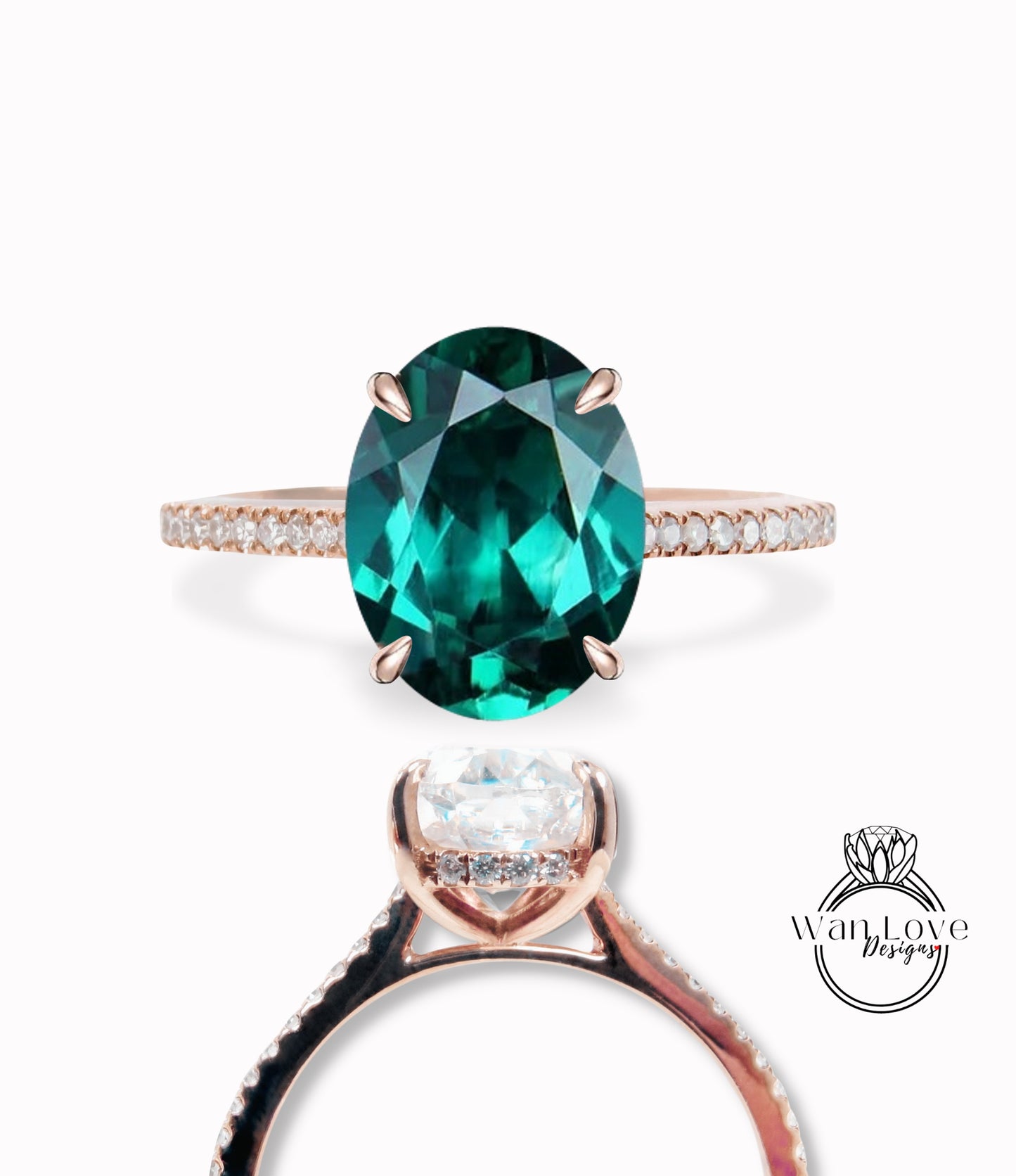 Emerald & Diamond Oval Side Halo Engagement Ring, Halfway Half Eternity Celebrity Ring, Custom-Wedding-14k 18k gold-Platinum, WanLoveDesigns