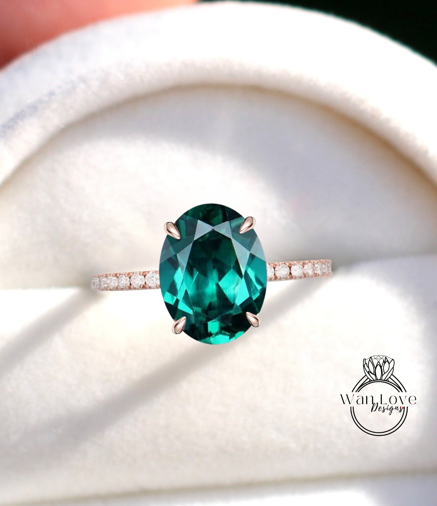 Emerald & Diamond Oval Side Halo Engagement Ring, Halfway Half Eternity Celebrity Ring, Custom-Wedding-14k 18k gold-Platinum, WanLoveDesigns