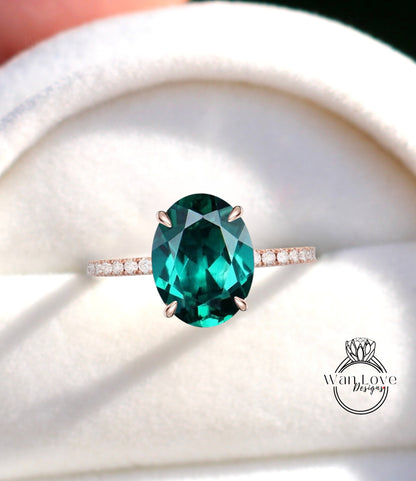 Emerald & Diamond Oval Side Halo Engagement Ring, Halfway Half Eternity Celebrity Ring, Custom-Wedding-14k 18k gold-Platinum, WanLoveDesigns