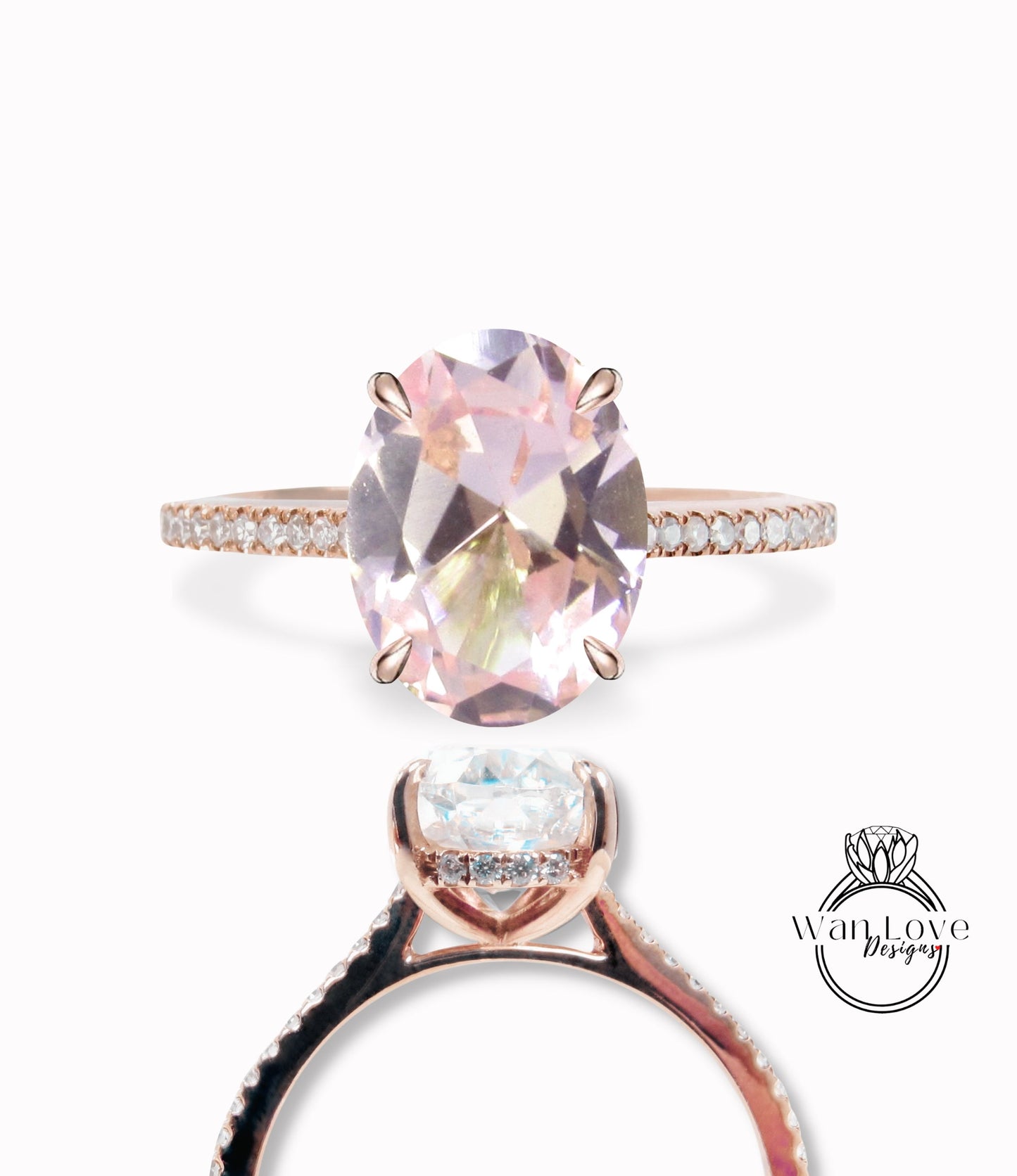 Peach Sapphire & Diamond Side Halo half eternity halfway Engagement Ring, Oval cut Pave Rim wedding bridal ring 14kt 18kt Solid Gold Anniversary Gift