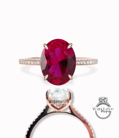 Ruby & Diamond Oval Side Halo Engagement Ring, 14k 18k White Yellow Rose Gold-Platinum-Custom made-Wedding-Anniversary-Promise Basket