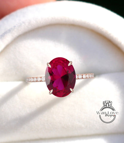Ruby & Diamond Oval Side Halo Engagement Ring, 14k 18k White Yellow Rose Gold-Platinum-Custom made-Wedding-Anniversary-Promise Basket