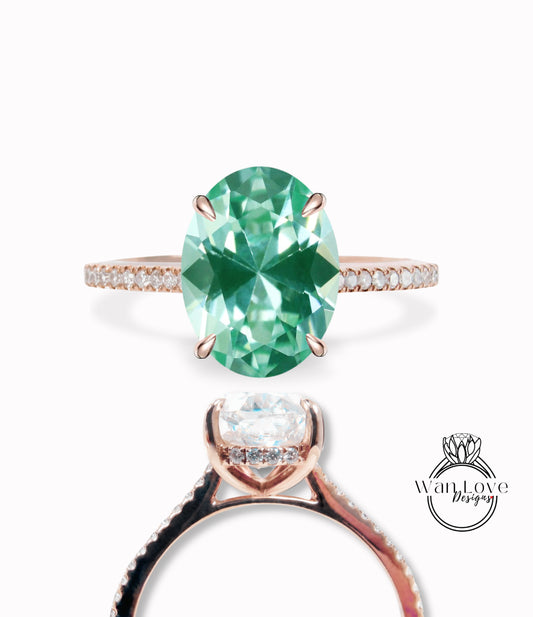 Anello di fidanzamento ovale con spinello e diamante verde acqua, personalizzato, oro 18kt, platino, matrimonio, regalo, WanLoveDesigns