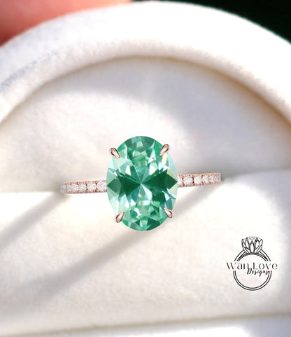 Anello di fidanzamento ovale con spinello e diamante verde acqua, personalizzato, oro 18kt, platino, matrimonio, regalo, WanLoveDesigns