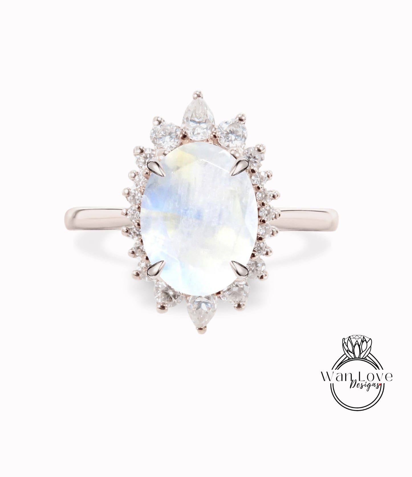 Anello di fidanzamento Halo ovale Moonstone, Anello di fidanzamento Halo ovale Moissanite, Anello floreale a grappolo ovale in oro rosa, Anello di diamanti anniversario