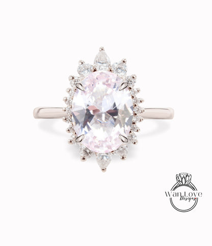 Anello di fidanzamento con zaffiro rosa chiaro ovale Halo, Anello di fidanzamento Halo Moissanite, Anello floreale a grappolo ovale in oro rosa, Anello con diamante anniversario