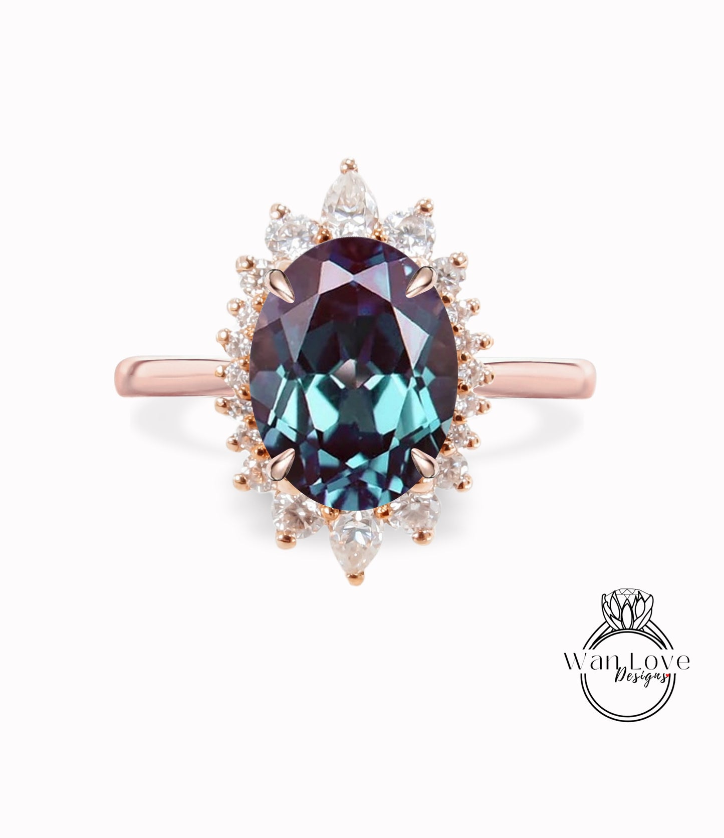 Anello di fidanzamento Halo ovale Alexandrite, Anello di fidanzamento Halo ovale Moissanite, Anello floreale a grappolo ovale in oro rosa, Anello di diamanti anniversario