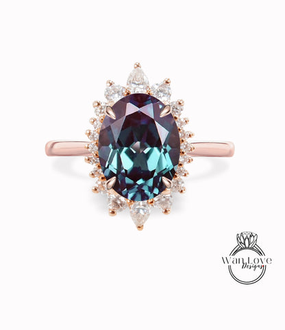 Anello di fidanzamento Halo ovale Alexandrite, Anello di fidanzamento Halo ovale Moissanite, Anello floreale a grappolo ovale in oro rosa, Anello di diamanti anniversario