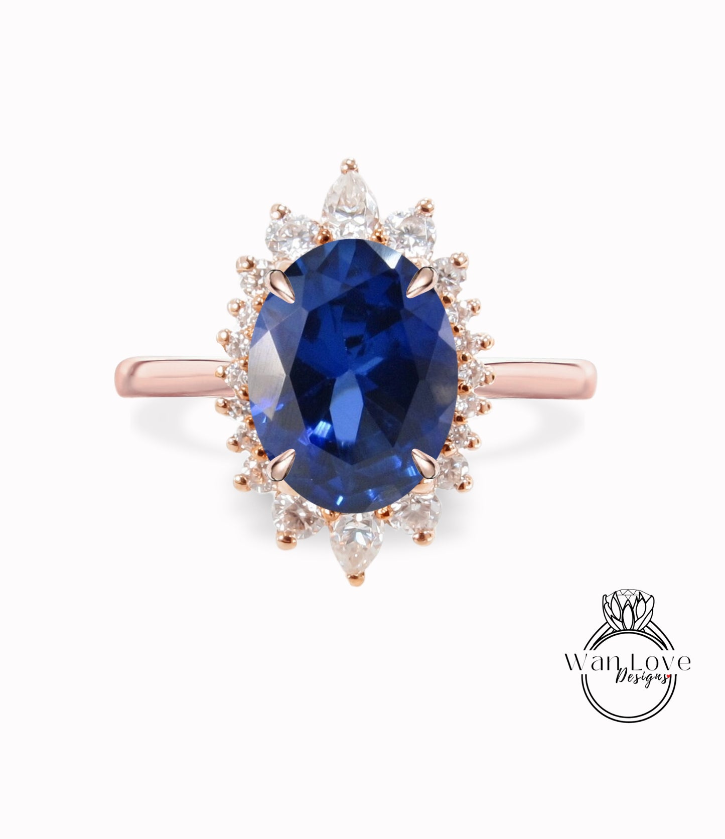 Anello di fidanzamento con zaffiro blu ovale Halo, Anello di fidanzamento Moissanite ovale Halo, Anello floreale a grappolo ovale in oro rosa, Anello con diamante anniversario