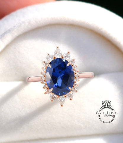 Anello di fidanzamento con zaffiro blu ovale Halo, Anello di fidanzamento Moissanite ovale Halo, Anello floreale a grappolo ovale in oro rosa, Anello con diamante anniversario