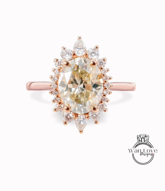 Anello di fidanzamento ovale con moissanite champagne, oro rosa vintage, anello di fidanzamento a grappolo unico, da donna, matrimonio Sunburst, regalo nuziale, pronto per la spedizione