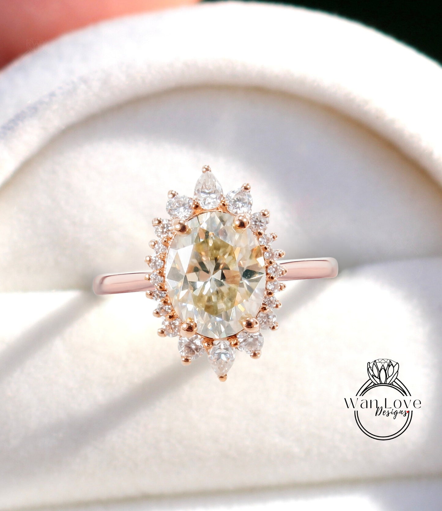 Anello di fidanzamento ovale con moissanite champagne, oro rosa vintage, anello di fidanzamento a grappolo unico, da donna, matrimonio Sunburst, regalo nuziale, pronto per la spedizione