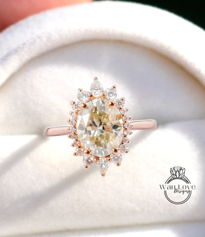 Anello di fidanzamento ovale con moissanite champagne, oro rosa vintage, anello di fidanzamento a grappolo unico, da donna, matrimonio Sunburst, regalo nuziale, pronto per la spedizione