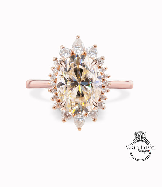 Anello di fidanzamento Halo ovale Champagne Moissanite, Anello di fidanzamento ovale Halo, Anello floreale a grappolo ovale in oro rosa, Anello di diamanti anniversario