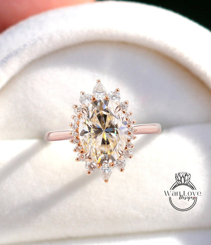 Anello di fidanzamento Halo ovale Champagne Moissanite, Anello di fidanzamento ovale Halo, Anello floreale a grappolo ovale in oro rosa, Anello di diamanti anniversario