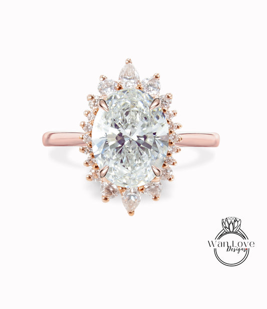 Halo Oval Diamond Engagement Ring, Halo Oval Diamond Engagement Ring, Rose Gold Oval Cluster floral Ring, Anniversary IGI Diamond Ring