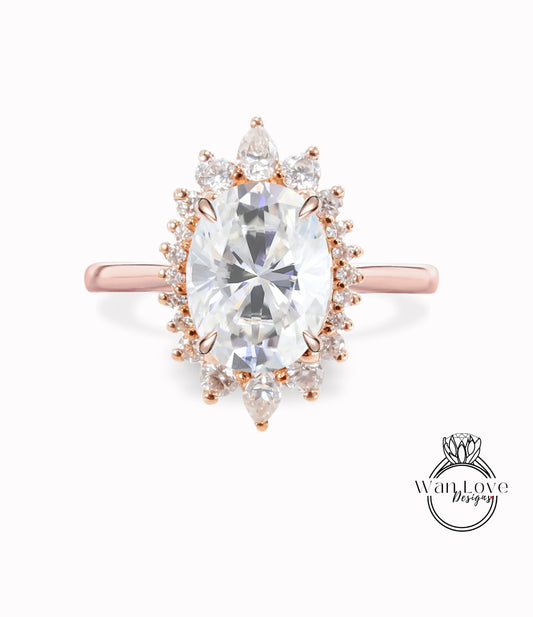 Anello di fidanzamento Halo ovale Moissanite, Anello di fidanzamento Halo ovale Moissanite, Anello floreale a grappolo ovale in oro rosa, Anello di diamanti anniversario