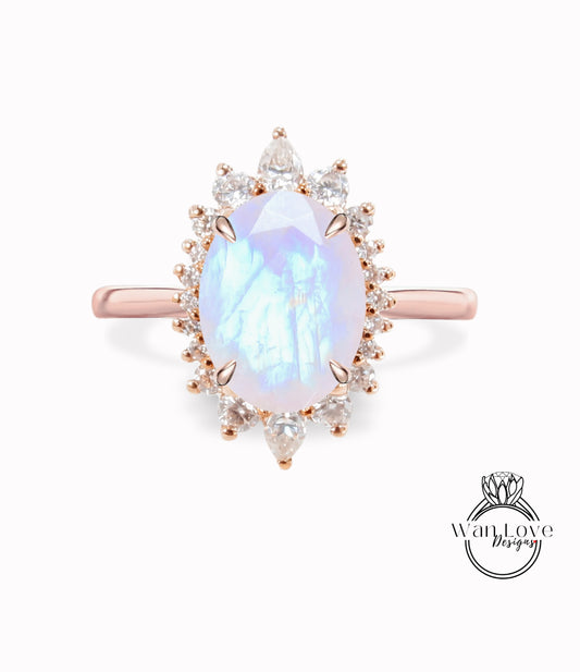 Anello di fidanzamento Halo ovale Moonstone, Anello di fidanzamento Halo ovale Moissanite, Anello floreale a grappolo ovale in oro rosa, Anello di diamanti anniversario