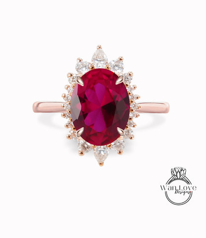 Anello di fidanzamento con rubino ovale Halo, Anello di fidanzamento con moissanite ovale Halo, Anello floreale a grappolo ovale in oro rosa, Anello con diamante anniversario