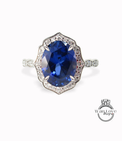 Anello di fidanzamento con zaffiro blu di forma ovale, anello con alone di diamanti, anello smerlato art deco, anello vintage unico, anello in oro rosa, anello anniversario
