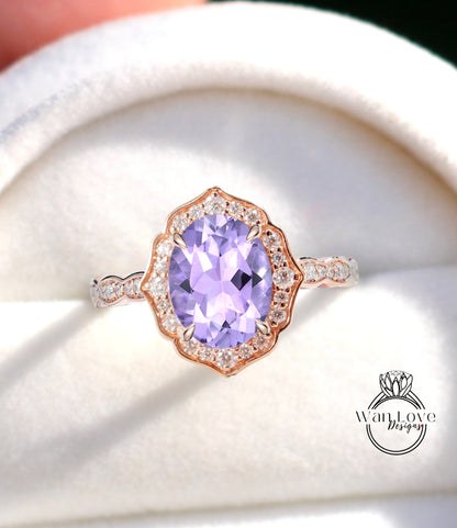 Oval shape Lavender Amethyst engagement ring diamond halo ring moissanite scalloped ring unique vintage ring rose gold ring anniversary ring