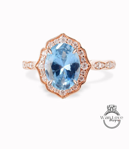 Oval shape Aquamarine Blue Spinel engagement ring diamond halo ring moissanite scalloped ring unique vintage ring rose gold anniversary ring