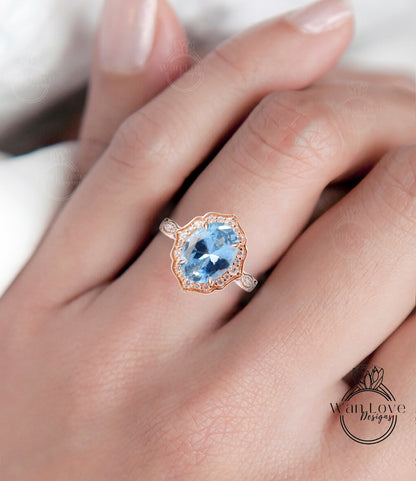 Oval shape Aquamarine Blue Spinel engagement ring diamond halo ring moissanite scalloped ring unique vintage ring rose gold anniversary ring