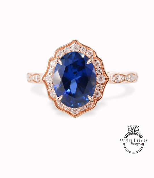 Oval shape Blue Sapphire engagement ring diamond halo ring art deco scalloped ring unique vintage ring rose gold ring anniversary ring