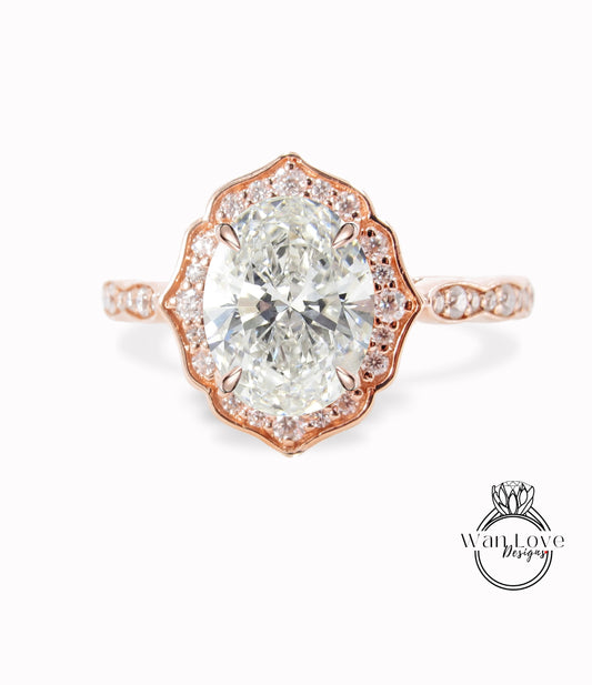 Vintage oval Diamond halo engagement Ring rose Gold oval cut halo ring Antique scalloped IGI Lab diamond Wedding Bridal Anniversary Ring