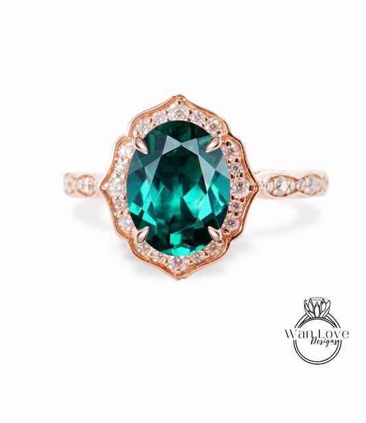 Oval shape Emerald & diamond halo engagement ring moissanite scalloped bridal ring unique vintage ring rose gold wedding anniversary ring