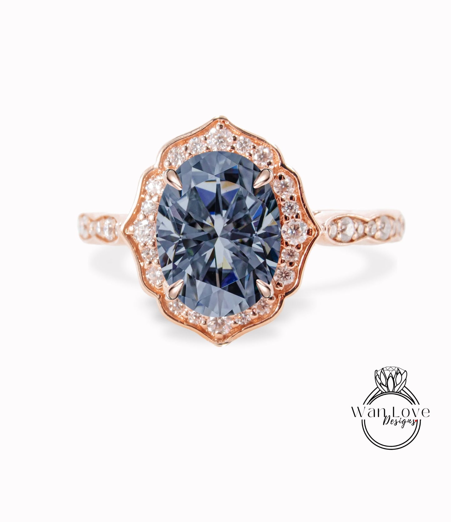 Anello di fidanzamento Moissanite grigio a forma ovale vintage Anello in oro rosa Art Déco unico anello nuziale con diamante antico Halo Anello di promessa